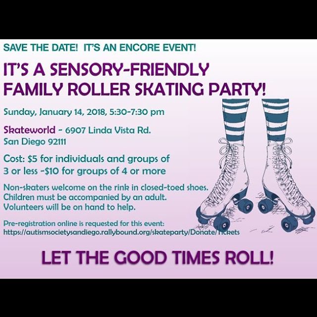 “Join us on Sunday, January 14th from 5:30 – 7:30 PM for a sensory friendly family roller skating party at Skateworld! All ages are welcome to participate, and volunteers will be on hand to help. Non skaters are welcome on the rink in closed toed shoes, and food and drinks will be available to purchase. You won’t want to miss this fun family event!” Click on the following link for ticket information-https://autismsocietysandiego.rallybound.org/…/Dona…/Tickets@autismsocietysandiego